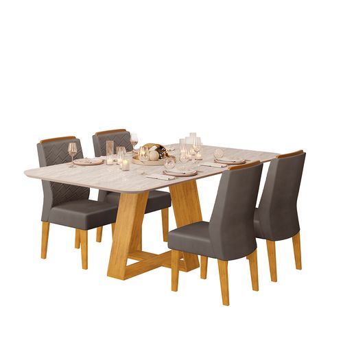 Conjunto Sala de Jantar 4 Cadeiras Tampo Sem Vidro 170x90 DJ Móveis Kiara Cedro Quartzo Lidia Veludo Lunar