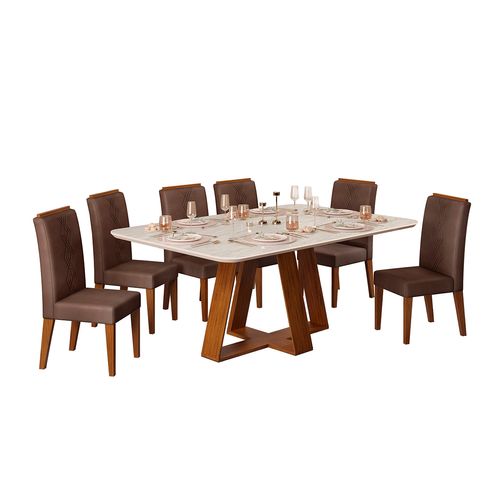 Conjunto Sala de Jantar 6 Cadeiras Tampo Sem Vidro 170x90 DJ Móveis Kiara Freijó Quartzo Yasmin Veludo Moca