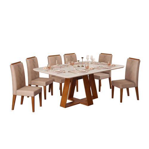 Conjunto Sala de Jantar 6 Cadeiras Tampo Sem Vidro 170x90 DJ Móveis Kiara Freijó Quartzo Yasmin Veludo Kraft