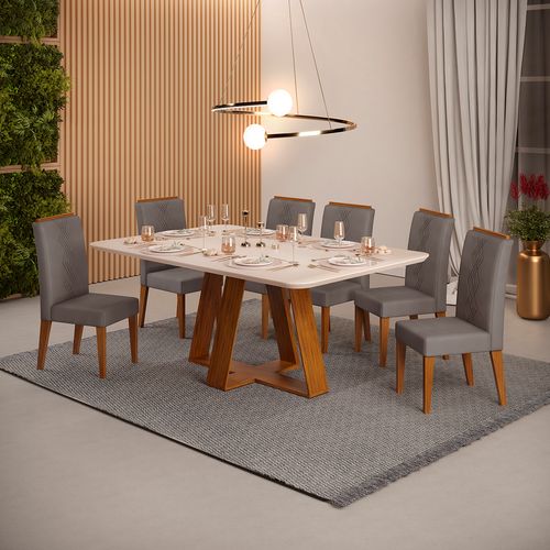 Conjunto de Sala de Jantar 6 Cadeiras Tampo Sem Vidro 170x90 DJ Móveis Kiara Freijó Yasmin Lunar