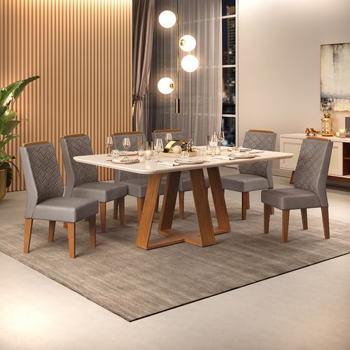 Conjunto de Sala de Jantar 6 Cadeiras Tampo Sem Vidro 170x90 DJ Móveis Kiara Freijó Lidia Lunar