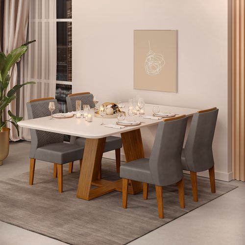 Conjunto de Sala de Jantar 4 Cadeiras Tampo Sem Vidro 170x90 DJ Móveis Kiara Freijó Lidia Lunar