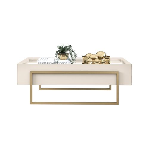 Mesa de Centro com Tampo Espelhado e Pés Dourados DJ Móveis Kika Off White