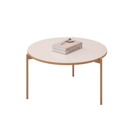 Mesa de Centro Tampo Redondo e Pés em Metal Dourado DJ Móveis Cleia Off White