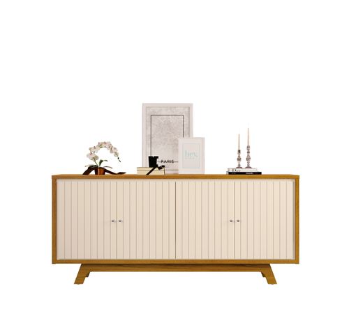 Buffet 4 Portas com Frisos Decorativos e Prateleiras DJ Móveis Soleil Freijó Off White