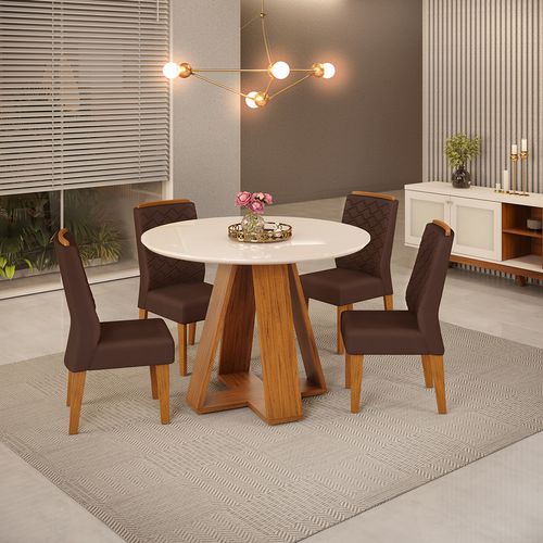 Conjunto Sala de Jantar 4 Cadeiras Tampo Redondo Curvo DJ Móveis Kiara Cadeira Lidia Freijó Veludo Moca